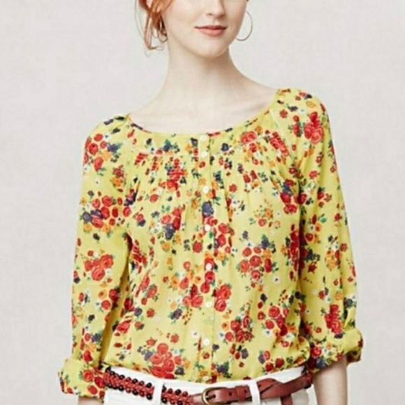Postmark Anthropologie Floral Lemon Drop Top - Picture 1 of 10